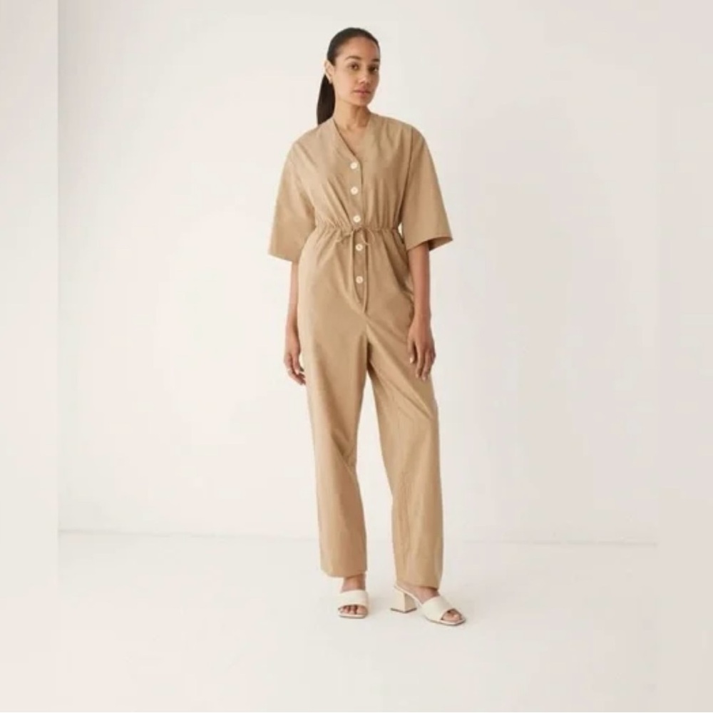 Frank & Oak Beige Button-Up Jumpsuit